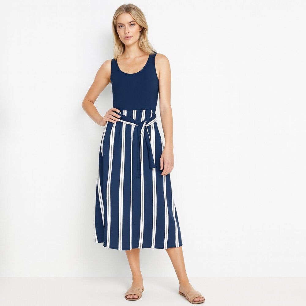NWT White House Black Market Mixed Media Midi Dress Libby Stripe Large #WHBM42